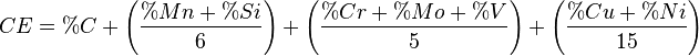 CE = \%C + \left(\frac{\%Mn+\%Si}{6} \right) + \left(\frac{\%Cr+%Mo+\%V}{5} \right) + \left(\frac{\%Cu+\%Ni}{15} \right)