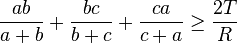 \frac{ab}{a+b}+\frac{bc}{b+c}+\frac{ca}{c+a} \geq \frac{2T}{R}