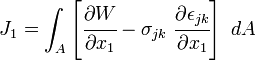 
   J_1 = \int_A \left[\cfrac{\partial W}{\partial x_1} - 
                \sigma_{jk}~\cfrac{\partial\epsilon_{jk}}{\partial x_1}\right]~dA
 