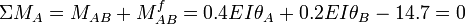 \Sigma M_A = M_{AB} + M_{AB}^f = 0.4EI \theta_A + 0.2EI \theta_B  - 14.7 = 0