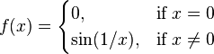 f(x) = \begin{cases} 0, & \mbox{if }x =0 \\ \sin(1/x), & \mbox{if } x \neq 0 \end{cases} 