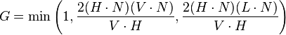 G = \min{\left(1,\frac{2(H\cdot N)(V\cdot N)}{V\cdot H},\frac{2(H\cdot N)(L\cdot N)}{V\cdot H}\right)}