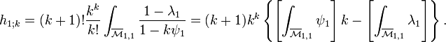 h_{1;k} = (k+1)!\frac{k^k}{k!} \int_{\overline{\mathcal{M}}_{1,1}} \frac{1-\lambda_1}{1-k\psi_1} = (k+1) k^k \left\{ \left[ \int_{\overline{\mathcal{M}}_{1,1}} \psi_1\right] k - \left[ \int_{\overline{\mathcal{M}}_{1,1}} \lambda_1 \right]\right\}. 