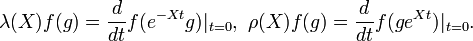 \lambda(X) f(g)={d\over dt}f(e^{-Xt}g)|_{t=0},\,\, \rho(X) f(g)={d\over dt}f(ge^{Xt})|_{t=0}.