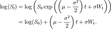  
\begin{alignat}{2}
\log(S_t) &=\log\left(S_0\exp\left(\left(\mu - \frac{\sigma^2}{2} \right)t + \sigma W_t\right)\right)\\&
=\log(S_0)+\left(\mu - \frac{\sigma^2}{2} \right)t + \sigma W_t.
\end{alignat}
