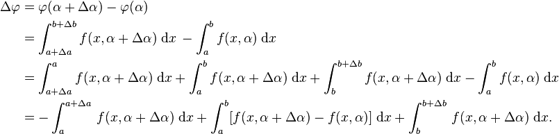 \begin{align}
\Delta\varphi &=\varphi(\alpha+\Delta\alpha)-\varphi(\alpha) \\
&=\int_{a+\Delta a}^{b+\Delta b}f(x,\alpha+\Delta\alpha)\;\mathrm{d}x\,-\int_a^b f(x,\alpha)\;\mathrm{d}x\, \\
&=\int_{a+\Delta a}^af(x,\alpha+\Delta\alpha)\;\mathrm{d}x+\int_a^bf(x,\alpha+\Delta\alpha)\;\mathrm{d}x+\int_b^{b+\Delta b}f(x,\alpha+\Delta\alpha)\;\mathrm{d}x -\int_a^b f(x,\alpha)\;\mathrm{d}x \\
&=-\int_a^{a+\Delta a}\,f(x,\alpha+\Delta\alpha)\;\mathrm{d}x+\int_a^b[f(x,\alpha+\Delta\alpha)-f(x,\alpha)]\;\mathrm{d}x+\int_b^{b+\Delta b}\,f(x,\alpha+\Delta\alpha)\;\mathrm{d}x.
\end{align}