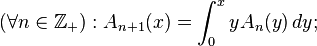 (\forall n\in\mathbb{Z}_+):A_{n+1}(x)=\int_0^xyA_n(y)\,dy;