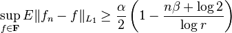 \sup_{f\in \mathbf{F}} E \|f_n-f\|_{L_1}\geq \frac{\alpha}{2}\left(1-\frac{n\beta+\log 2}{\log r}\right)