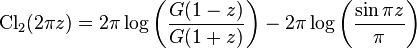 \operatorname{Cl}_{2}(2\pi z) = 2\pi \log \left( \frac{G(1-z)}{G(1+z)} \right) -2\pi \log \left( \frac{\sin \pi z}{ \pi } \right) 