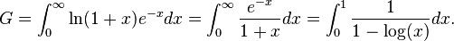  G = \int_0^\infty\ln(1+x)e^{-x}dx=\int_0^\infty\frac{e^{-x}}{1+x}dx=\int_0^1\frac{1}{1-\log(x)}dx. 