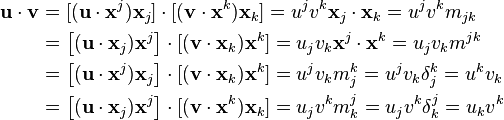\begin{align}
\mathbf{u} \cdot \mathbf{v} &= [(\mathbf{u} \cdot \mathbf{x}^j) \mathbf{x}_j] \cdot [(\mathbf{v} \cdot \mathbf{x}^k) \mathbf{x}_k] = u^j v^k \mathbf{x}_j \cdot \mathbf{x}_k = u^j v^k m_{j k}\\
  &= \left [(\mathbf{u} \cdot \mathbf{x}_j) \mathbf{x}^j \right ] \cdot [(\mathbf{v} \cdot \mathbf{x}_k) \mathbf{x}^k] = u_j v_k \mathbf{x}^j \cdot \mathbf{x}^k = u_j v_k m^{j k}\\
  &= \left [(\mathbf{u} \cdot \mathbf{x}^j) \mathbf{x}_j \right ] \cdot [(\mathbf{v} \cdot \mathbf{x}_k) \mathbf{x}^k] = u^j v_k m_j^k = u^j v_k \delta^k_j = u^k v_k\\
  &= \left [(\mathbf{u} \cdot \mathbf{x}_j) \mathbf{x}^j \right ] \cdot [(\mathbf{v} \cdot \mathbf{x}^k) \mathbf{x}_k] = u_j v^k m^j_k = u_j v^k \delta^j_k = u_k v^k 
\end{align} 