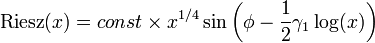 {\rm Riesz}(x) =  const\times x^{1/4} \sin\left(\phi-\frac{1}{2}\gamma_1\log(x)\right)