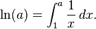 \ln(a)=\int_1^a \frac{1}{x}\,dx.