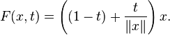 F(x,t)=\left((1-t)+{t\over \|x\|}\right) x.