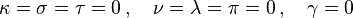 \kappa=\sigma=\tau=0\,,\quad \nu=\lambda=\pi=0\,,\quad \gamma=0 