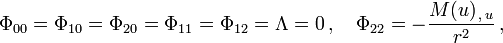 \Phi_{00}=\Phi_{10}=\Phi_{20}=\Phi_{11}=\Phi_{12}=\Lambda=0\,,\quad \Phi_{22}=-\frac{M(u)_{\,,\,u}}{r^2}\,,