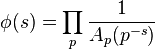 \phi(s)=\prod_{p}\frac{1}{A_p(p^{-s})}