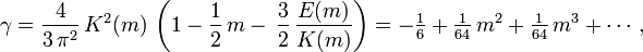 \gamma = \frac{4}{3\,\pi^2}\, K^2(m)\, \left( 1 - \frac12\, m -\, \frac32\, \frac{E(m)}{K(m)} \right) = -\tfrac16 + \tfrac1{64}\, m^2 + \tfrac1{64}\, m^3 + \cdots,