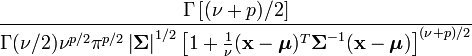 
\frac{\Gamma\left[(\nu+p)/2\right]}{\Gamma(\nu/2)\nu^{p/2}\pi^{p/2}\left|{\boldsymbol\Sigma}\right|^{1/2}\left[1+\frac{1}{\nu}({\mathbf x}-{\boldsymbol\mu})^T{\boldsymbol\Sigma}^{-1}({\mathbf x}-{\boldsymbol\mu})\right]^{(\nu+p)/2}}