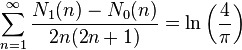  \sum_{n=1}^\infty \frac{N_1(n) - N_0(n)}{2n(2n+1)} = \ln \left ( \frac{4}{\pi} \right ) 