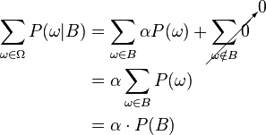 
\begin{align}
\sum_{\omega \in \Omega} {P(\omega | B)} &= \sum_{\omega \in B} {\alpha P(\omega)} + \cancelto{0}{\sum_{\omega \notin B} 0} \\
&= \alpha \sum_{\omega \in B} {P(\omega)} \\
&= \alpha \cdot P(B) \\
\end{align}
