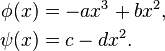  \begin{align}
\phi(x) &= -a x^3+b x^2, \\
\psi(x) &= c-d x^2. 
\end{align} 