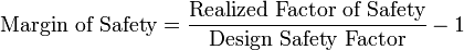 \text{Margin of Safety}=\frac{\text{Realized Factor of Safety}}{\text{Design Safety Factor}}-1