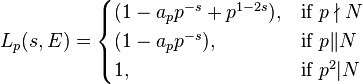 L_p(s,E)=\begin{cases}
            (1-a_pp^{-s}+p^{1-2s}), & \text{if }p\nmid N \\
            (1-a_pp^{-s}), & \text{if }p\|N \\
            1, & \text{if }p^2|N
       \end{cases}