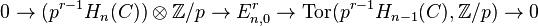 0 \to (p^{r-1} H_n(C)) \otimes \mathbb{Z}/p \to E^r_{n, 0} \to \operatorname{Tor}(p^{r-1} H_{n-1}(C), \mathbb{Z}/p) \to 0