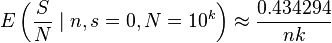 E\left({S \over N} \mid n,s=0,N=10^k \right)\approx {0.434294 \over nk}