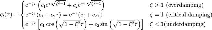 q_t (\tau) = \begin{cases} \mathrm{e}^{-\zeta\tau} \left( c_1 \mathrm{e}^{\tau \sqrt{\zeta^2 - 1}} + c_2 \mathrm{e}^{- \tau \sqrt{\zeta^2 - 1}} \right) & \zeta > 1 \text{ (overdamping)} \\ \mathrm{e}^{-\zeta\tau} (c_1+c_2 \tau) = \mathrm{e}^{-\tau}(c_1+c_2 \tau) & \zeta = 1 \text{ (critical damping)} \\ \mathrm{e}^{-\zeta \tau} \left[ c_1 \cos \left(\sqrt{1-\zeta^2} \tau\right) +c_2 \sin\left(\sqrt{1-\zeta^2} \tau\right) \right] & \zeta < 1 \text{(underdamping)} \end{cases}