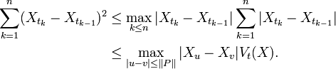 \begin{align}
\sum_{k=1}^n(X_{t_k}-X_{t_{k-1}})^2&\le\max_{k\le n}|X_{t_k}-X_{t_{k-1}}|\sum_{k=1}^n|X_{t_k}-X_{t_{k-1}}|\\
&\le\max_{|u-v|\le\Vert P\Vert}|X_u-X_v|V_t(X).
\end{align}