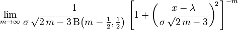 \lim_{m\to\infty}\frac{1}{\sigma\,\sqrt{2\,m-3}\,\mathrm{\Beta}\!\left(m-\frac12, \frac12\right)} \left[1 + \left(\frac{x-\lambda}{\sigma\,\sqrt{2\,m-3}}\right)^{\!2\,} \right]^{-m}