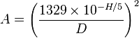 A =\left ( \frac{1329\times10^{-H/5}}{D} \right ) ^2