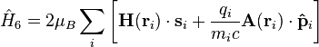 \hat{H}_6 = 2\mu_B \sum_{i} \left[ \mathbf{H}(\mathbf{r}_i)\cdot\mathbf{s}_i + \frac{q_i}{m_ic}\mathbf{A}(\mathbf{r}_i)\cdot\mathbf{\hat{p}}_i \right] 