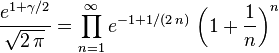  \frac{e^{1+\gamma /2}}{\sqrt{2\,\pi}} = \prod_{n=1}^\infty e^{-1+1/(2\,n)}\,\left (1+\frac{1}{n} \right )^n 
