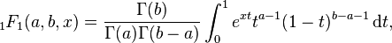 {}_1F_1(a,b,x) = \frac{\Gamma(b)}{\Gamma(a) \Gamma(b-a)}\int_0^1 e^{xt} t^{a-1} (1-t)^{b-a-1}\,\mathrm dt,