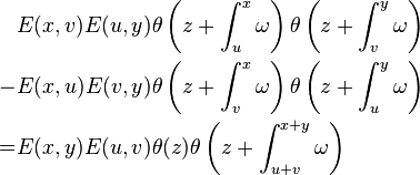 
\begin{align}
&E(x,v)E(u,y)\theta\left(z+\int_u^x\omega\right)\theta\left(z+\int_v^y\omega\right)\\
-
&E(x,u)E(v,y)\theta\left(z+\int_v^x\omega\right)\theta\left(z+\int_u^y\omega\right)\\
=
&E(x,y)E(u,v)\theta(z)\theta\left(z+\int_{u+v}^{x+y}\omega\right)
\end{align}
