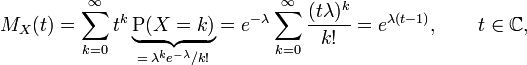 M_X(t)
=\sum_{k=0}^\infty t^k\underbrace{\operatorname{P}(X=k)}_{=\,\lambda^ke^{-\lambda}/k!}
=e^{-\lambda}\sum_{k=0}^\infty \frac{(t\lambda)^k}{k!} = e^{\lambda(t-1)},\qquad t\in\mathbb{C},
