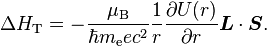 \Delta H_\text{T} = - {\mu_\text{B}\over \hbar m_\text{e} e c^2}{1\over r}{\partial U(r) \over \partial r} \boldsymbol{L}\cdot\boldsymbol{S}. 