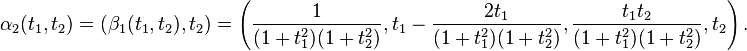 \alpha_2(t_1,t_2) = \left(\beta_1(t_1,t_2),t_2\right) =  \left(\frac{1}{(1+t_1^2)(1+t_2^2)},t_1 - \frac{2t_1}{(1+t_1^2)(1+t_2^2)},\frac{t_1t_2}{(1+t_1^2)(1+t_2^2)}, t_2 \right).