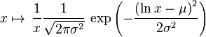 x \mapsto \, \frac{1}{x} \frac{1}{\sqrt{2\pi\sigma^2}}\,\exp \left(-\frac{\left(\ln x-\mu\right)^2}{2\sigma^2}\right)