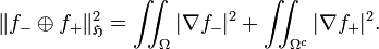 \displaystyle{\|f_-\oplus f_+\|_{\mathfrak{H}}^2=\iint_\Omega |\nabla f_-|^2 + \iint_{\Omega^c} |\nabla f_+|^2.}