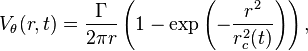 V_\theta(r,t) = \frac{\Gamma}{2\pi r} \left(1-\exp\left(-\frac{r^2}{r_c^2(t)}\right)\right), 