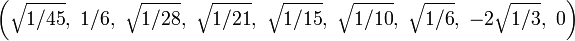 \left(\sqrt{1/45},\ 1/6,\ \sqrt{1/28},\ \sqrt{1/21},\ \sqrt{1/15},\ \sqrt{1/10},\ \sqrt{1/6},\ -2\sqrt{1/3},\ 0\right)