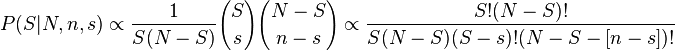 P(S|N,n,s) \propto {1 \over S(N-S)} {S \choose s}{N-S \choose n-s}
\propto {S!(N-S)! \over S(N-S)(S-s)!(N-S-[n-s])!}
