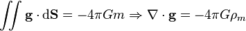 \iint\bold{g}\cdot{\rm d}\bold{S} = -4\pi G m \Rightarrow \bold{\nabla}\cdot\bold{g}=-4\pi G\rho_m