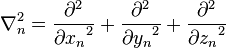 \nabla_n^2=\frac{\partial^2}{{\partial x_n}^2} + \frac{\partial^2}{{\partial y_n}^2} + \frac{\partial^2}{{\partial z_n}^2}