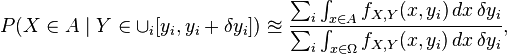 
P(X \in A \mid Y \in \cup_i[y_i,y_i+\delta y_i]) \approxeq
\frac{\sum_{i} \int_{x\in A} f_{X,Y}(x,y_i)\,dx\,\delta y_i}{\sum_{i}\int_{x\in\Omega} f_{X,Y}(x,y_i) \,dx\, \delta y_i} , 