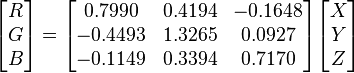 
\begin{bmatrix}R\\G\\B\end{bmatrix}=
\begin{bmatrix}
0.7990&0.4194&-0.1648\\
-0.4493&1.3265&0.0927\\
-0.1149&0.3394&0.7170
\end{bmatrix}
\begin{bmatrix}X\\Y\\Z\end{bmatrix}
